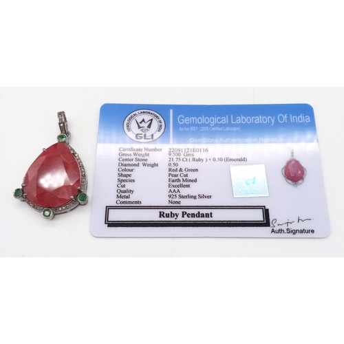 652 - A 21ct Ruby Gemstone Pendant with 0.60ctw of Diamond and 0.50ctw Emerald accents. Set in 925 Silver.... 