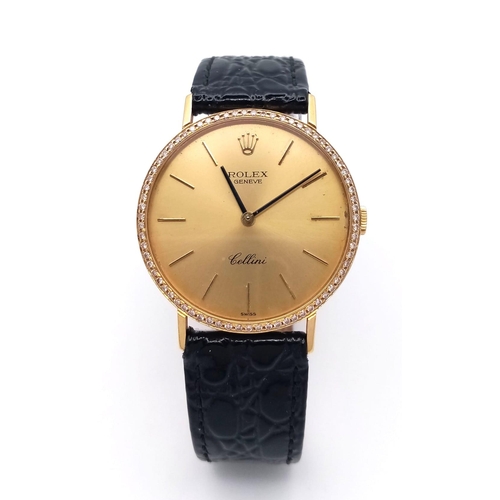 757 - A Vintage 18K Gold and Diamond Cased Rolex Cellini Gents Watch. Black leather strap. 18k gold and di... 