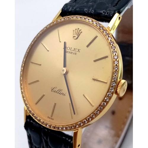 757 - A Vintage 18K Gold and Diamond Cased Rolex Cellini Gents Watch. Black leather strap. 18k gold and di... 