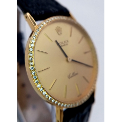 757 - A Vintage 18K Gold and Diamond Cased Rolex Cellini Gents Watch. Black leather strap. 18k gold and di... 