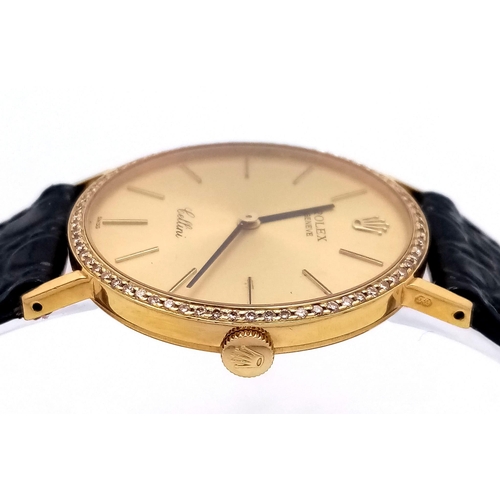 757 - A Vintage 18K Gold and Diamond Cased Rolex Cellini Gents Watch. Black leather strap. 18k gold and di... 