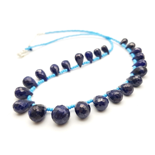 970 - A 113ct Blue Sapphire Tear Drop Necklace with Blue Turquoise Beads. 42cm length. Ref: CD-1139