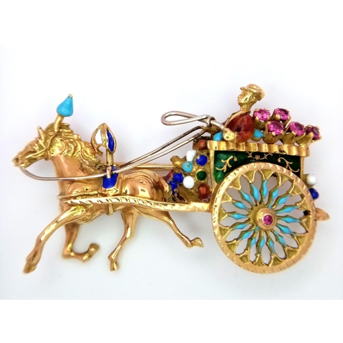 764 - A Vintage 18K Yellow Gold Gemstone and Enamel Horse with Carriage Brooch. Incredible detail with bri... 