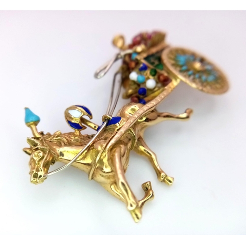 764 - A Vintage 18K Yellow Gold Gemstone and Enamel Horse with Carriage Brooch. Incredible detail with bri... 