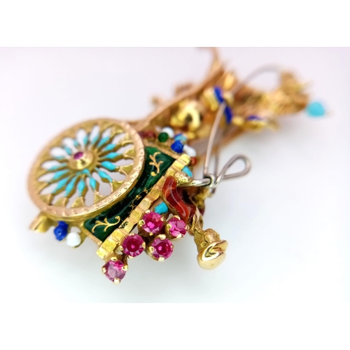 764 - A Vintage 18K Yellow Gold Gemstone and Enamel Horse with Carriage Brooch. Incredible detail with bri... 