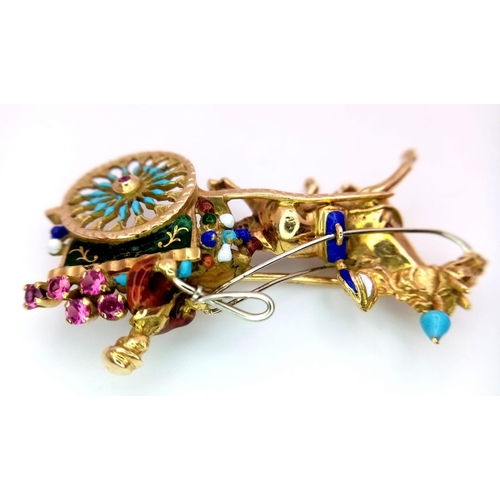 764 - A Vintage 18K Yellow Gold Gemstone and Enamel Horse with Carriage Brooch. Incredible detail with bri... 