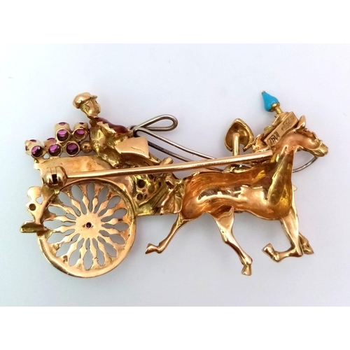 764 - A Vintage 18K Yellow Gold Gemstone and Enamel Horse with Carriage Brooch. Incredible detail with bri... 