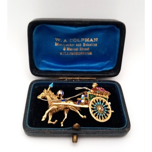 764 - A Vintage 18K Yellow Gold Gemstone and Enamel Horse with Carriage Brooch. Incredible detail with bri... 