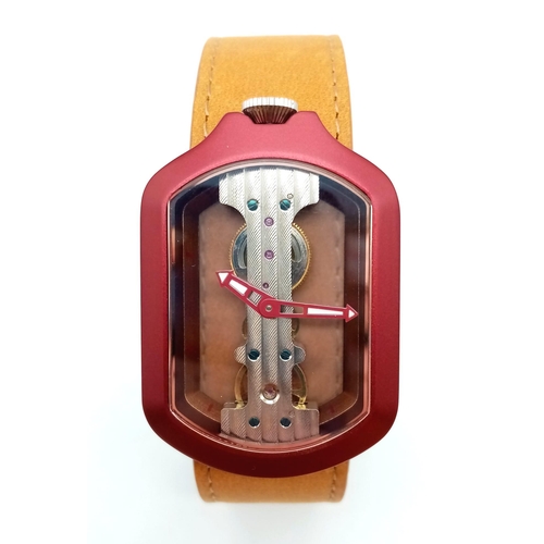 1090 - A VERTICALE DOUBLE SKELETON WATCH WITH TOP WINDER  AND ON A LEATHER STRAP