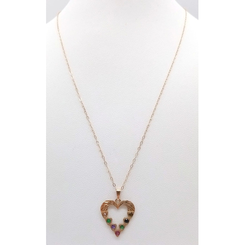 610 - A 9K yellow gold 'DEAREST' heart necklace set with diamond, emeralds, amethyst, ruby, sapphire and t... 