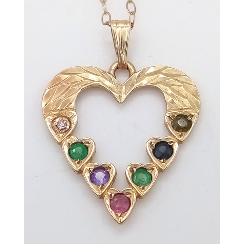 610 - A 9K yellow gold 'DEAREST' heart necklace set with diamond, emeralds, amethyst, ruby, sapphire and t... 