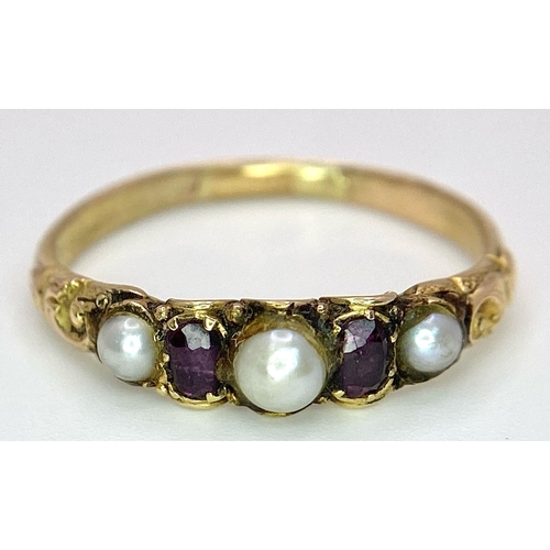 691 - A 14K YELLOW GOLD VINTAGE PEARL AND RED STONE RING. TOTAL WEIGHT 1.9G. SIZE N