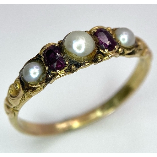 691 - A 14K YELLOW GOLD VINTAGE PEARL AND RED STONE RING. TOTAL WEIGHT 1.9G. SIZE N