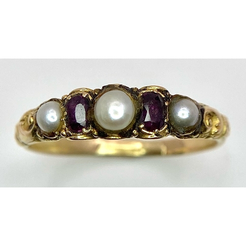 691 - A 14K YELLOW GOLD VINTAGE PEARL AND RED STONE RING. TOTAL WEIGHT 1.9G. SIZE N