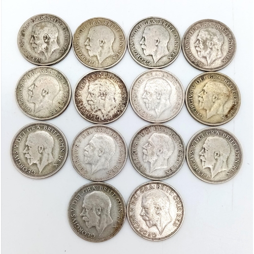 926 - 14 Pre 1947 Silver Shilling Coins. 1920 - 1936 range. Decent grade but please see photos.