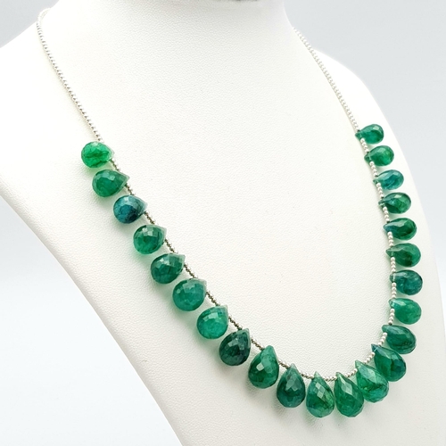 977 - A 145ct Emerald Drops Necklace with Small 925 Silver Beads. 42cm length. Ref: Cd-1141