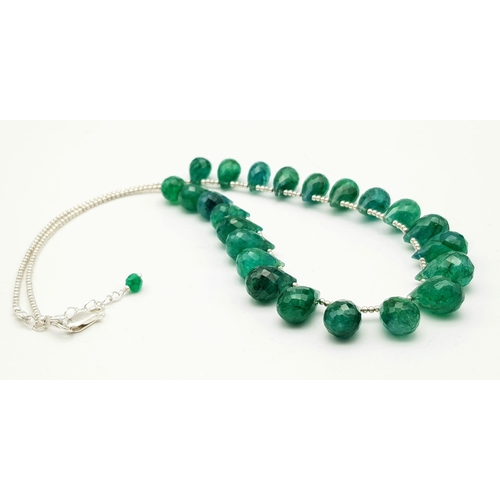 977 - A 145ct Emerald Drops Necklace with Small 925 Silver Beads. 42cm length. Ref: Cd-1141