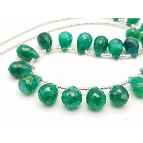 977 - A 145ct Emerald Drops Necklace with Small 925 Silver Beads. 42cm length. Ref: Cd-1141