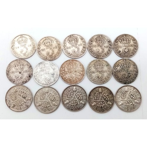 906 - 15 Pre 1947 George V Silver 3 Pence Coins. 1912- 36 range. Decent grades but please see photos.