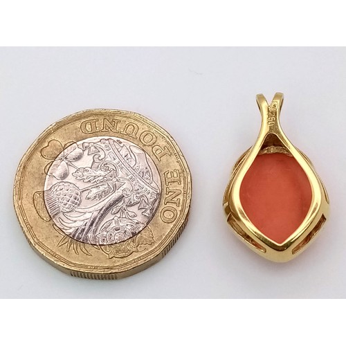 780 - 18k yellow gold pendant with coral and diamond accent, 2cm drop, weight 3.3 grams