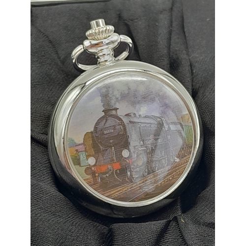 1285 - An Unused Silver Plated Manual Wind ‘SRV-Schools Class 1930-62’ Steam Train Detailed Pocket Watch. 6... 