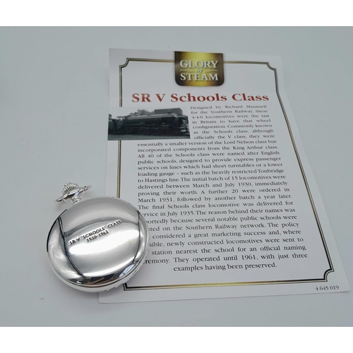 1285 - An Unused Silver Plated Manual Wind ‘SRV-Schools Class 1930-62’ Steam Train Detailed Pocket Watch. 6... 