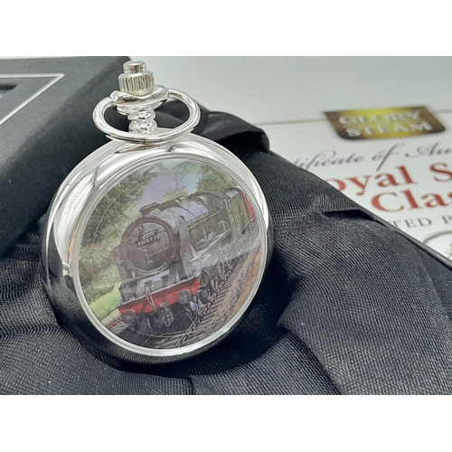 1320 - An Unused Silver Plated Manual Wind ‘Royal Scots Class 1927-65’ Steam Train Detailed Pocket Watch. 6... 