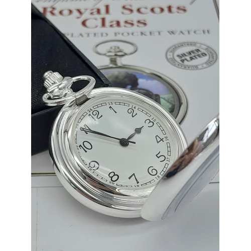 1320 - An Unused Silver Plated Manual Wind ‘Royal Scots Class 1927-65’ Steam Train Detailed Pocket Watch. 6... 