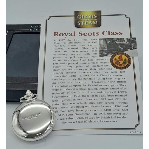 1320 - An Unused Silver Plated Manual Wind ‘Royal Scots Class 1927-65’ Steam Train Detailed Pocket Watch. 6... 