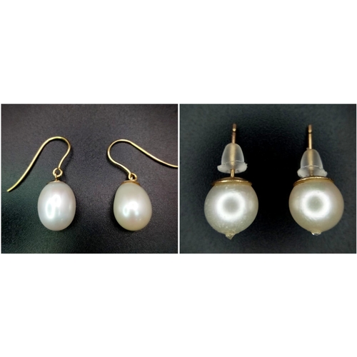 838 - Two pairs of Different Style Cultured Pearl Earrings on 9K Gold.