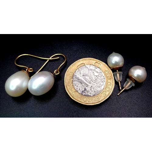 838 - Two pairs of Different Style Cultured Pearl Earrings on 9K Gold.