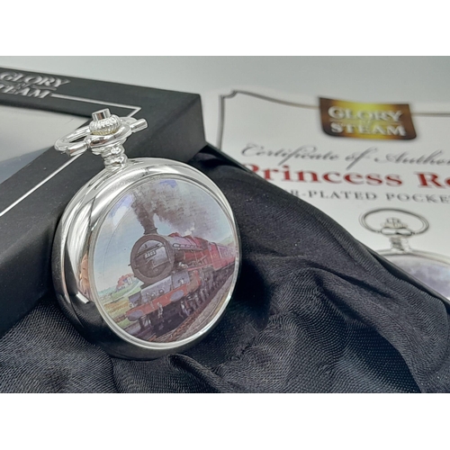 1306 - An Unused Silver Plated Manual Wind ‘Princess Royal Class 1933-62’ Steam Train Detailed Pocket Watch... 