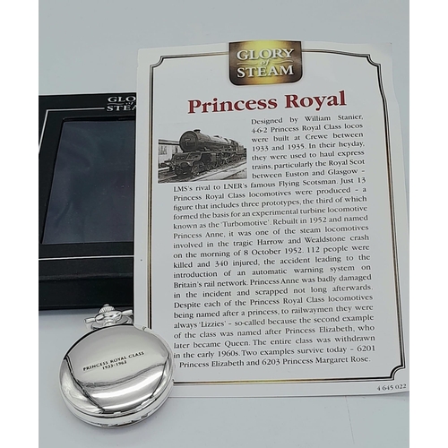 1306 - An Unused Silver Plated Manual Wind ‘Princess Royal Class 1933-62’ Steam Train Detailed Pocket Watch... 