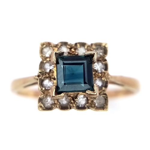 1376 - A 9K Yellow Gold, Green Sapphire and Old Cut Diamond Ring. Size O. 1.8g total weight.