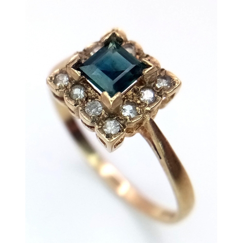 1376 - A 9K Yellow Gold, Green Sapphire and Old Cut Diamond Ring. Size O. 1.8g total weight.