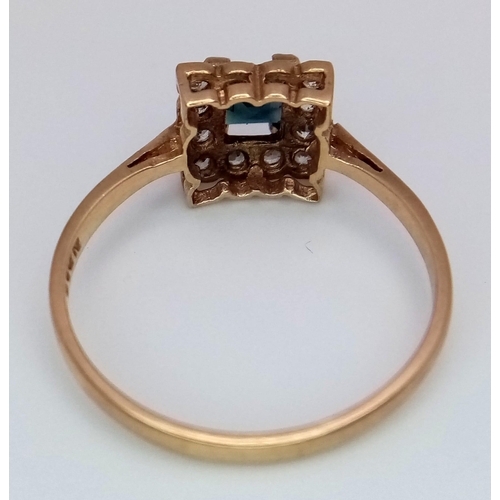 1376 - A 9K Yellow Gold, Green Sapphire and Old Cut Diamond Ring. Size O. 1.8g total weight.