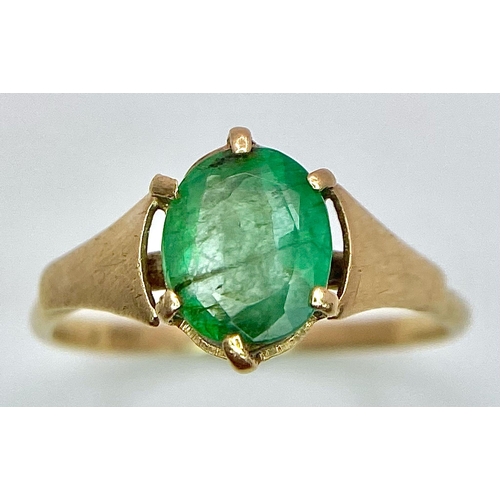 1390 - A Vintage 9K Yellow Gold Oval Emerald Ring. Size J. 1.1g total weight.