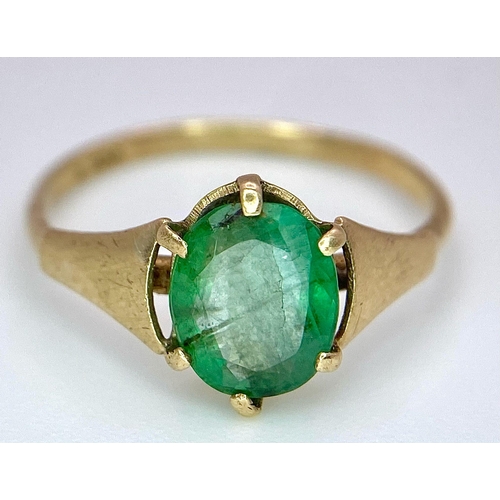 1390 - A Vintage 9K Yellow Gold Oval Emerald Ring. Size J. 1.1g total weight.