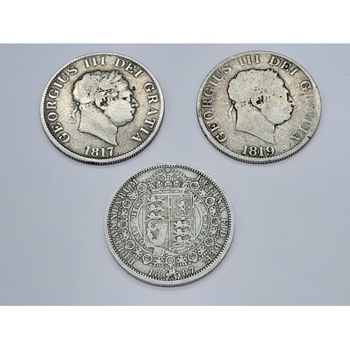 743 - Three British Silver Halfcrowns - 1817, 1819 and 1887. Please see photos for conditions.