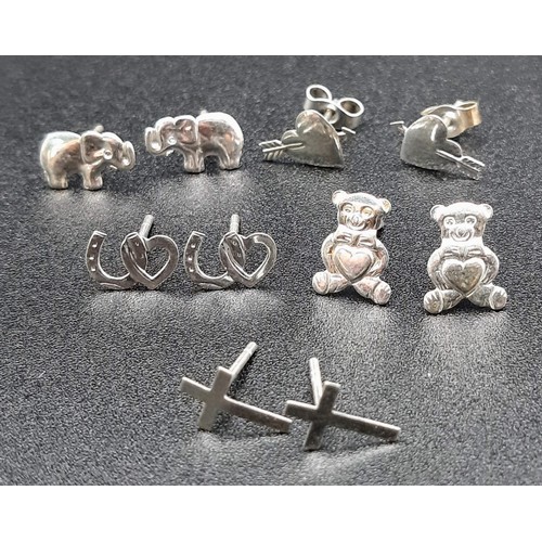 782 - 9 PAIRS OF STERLING SILVER STUD EARRINGS IN THE SHAPE OF CAT, CROSS, TEDDY, LEAF, ELEPHANT, MUSIC NO... 