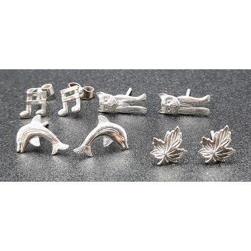 782 - 9 PAIRS OF STERLING SILVER STUD EARRINGS IN THE SHAPE OF CAT, CROSS, TEDDY, LEAF, ELEPHANT, MUSIC NO... 