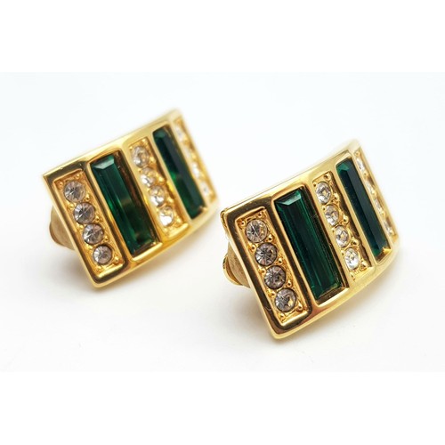 1034 - A Pair of Rare Vintage Swarovski Emerald Green and White Crystal Dress Earrings. Gilded setting.