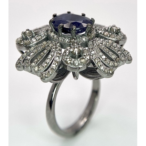 1272 - A 3.60ct Blue Sapphire Decorative Floral Cocktail Ring with 1.80ctw of  Diamond Accents. Size N. 10.... 