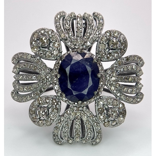 1272 - A 3.60ct Blue Sapphire Decorative Floral Cocktail Ring with 1.80ctw of  Diamond Accents. Size N. 10.... 