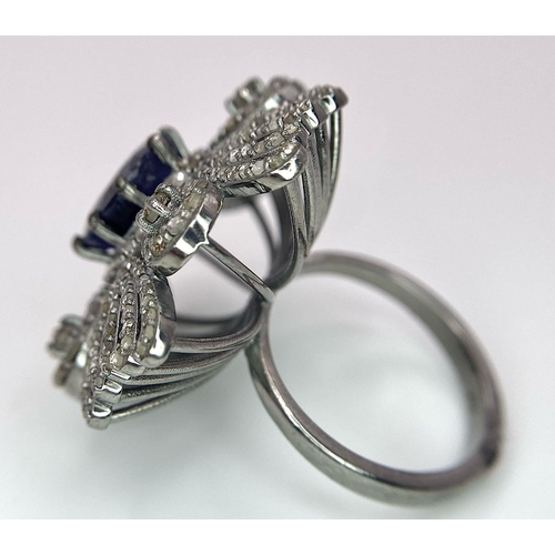 1272 - A 3.60ct Blue Sapphire Decorative Floral Cocktail Ring with 1.80ctw of  Diamond Accents. Size N. 10.... 