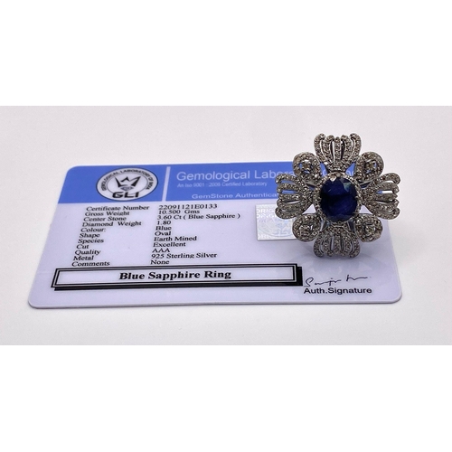 1272 - A 3.60ct Blue Sapphire Decorative Floral Cocktail Ring with 1.80ctw of  Diamond Accents. Size N. 10.... 