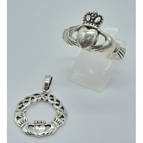 1323 - 2 X STERLING SILVER CLADDAGH ITEMS TO INCLUDE: 1 X RING SIZE Z 1/2 & 1 X PENDANT. TOTAL WEIGHT 6.7G
... 