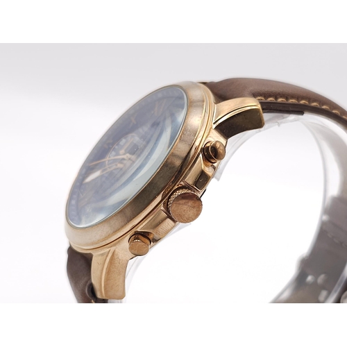 1330 - A Fossil Chronograph Quartz Gents Watch. Brown leather strap. Rose gold tone case - 46mm. Blue dial ... 