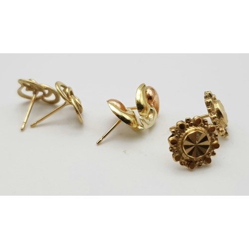 1332 - Three Different Styled Pairs of 9K Gold Earrings - No Backs. 2.62g total weight.