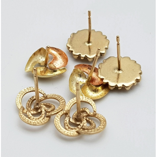 1332 - Three Different Styled Pairs of 9K Gold Earrings - No Backs. 2.62g total weight.